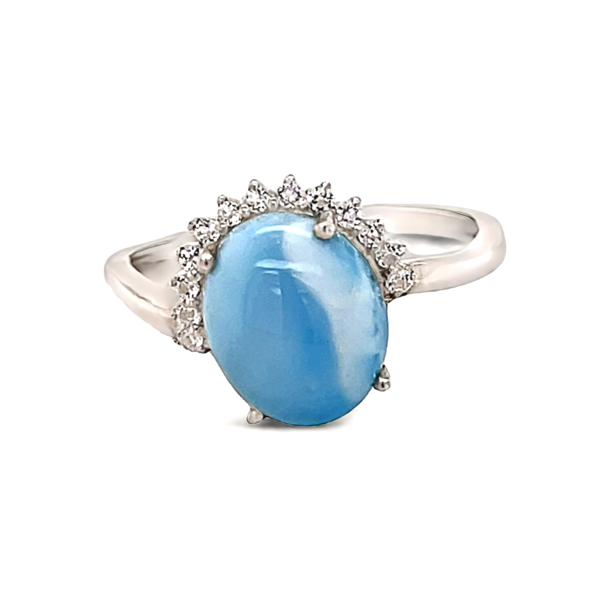 Closeup photo of Larimar Ring Size 5.5 - Prong Set Oval With White Czs Set In Half The Silver Bezel
