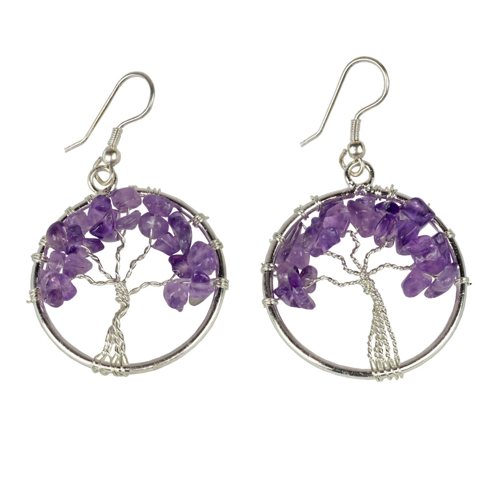 <font size="4"><span style="font-family: "EB Garamond";">Amethyst Tree Of Life Earrings</span></font><div style="position: initial; margin: initial; font-family: "EB Garamond";"><p style="margin: initial; font-variant-numeric: normal; font-variant-east-asian: normal; font-stretch: normal; line-height: normal; font-family: "EB Garamond"; color: rgb(0, 0, 0); position: initial;"><span style="position: initial; margin: initial; font-family: "EB Garamond";"><font size="4">Amethyst </font></span><span style="font-size: 1.2rem;">is a variety of quartz and derives its purple color from large</span></p><p style="margin: initial; font-variant-numeric: normal; font-variant-east-asian: normal; font-stretch: normal; line-height: normal; font-family: "EB Garamond"; color: rgb(0, 0, 0); position: initial;"><font size="4">trace quantities of the mineral magnesium sulfur, along with micro</font></p><p style="margin: initial; font-variant-numeric: normal; font-variant-east-asian: normal; font-stretch: normal; line-height: normal; font-family: "EB Garamond"; color: rgb(0, 0, 0); position: initial;"><font size="4">quantities of various minerals found within the molten earth around</font></p><p style="margin: initial; font-variant-numeric: normal; font-variant-east-asian: normal; font-stretch: normal; line-height: normal; font-family: "EB Garamond"; color: rgb(0, 0, 0); position: initial;"><font size="4">the “vug” during crystallization. Each Amethyst crystal forms as a</font></p><p style="margin: initial; font-variant-numeric: normal; font-variant-east-asian: normal; font-stretch: normal; line-height: normal; font-family: "EB Garamond"; color: rgb(0, 0, 0); position: initial;"><font size="4">six-sided prism, ending (terminating) in a six-sided pyramid. Traditionally</font></p><p style="margin: initial; font-variant-numeric: normal; font-variant-east-asian: normal; font-stretch: normal; line-height: normal; font-family: "EB Garamond"; color: rgb(0, 0, 0); position: initial;"><font size="4">believed to prevent intoxication by crushing and placing in wine</font></p><p style="margin: initial; font-variant-numeric: normal; font-variant-east-asian: normal; font-stretch: normal; line-height: normal; font-family: "EB Garamond"; color: rgb(0, 0, 0); position: initial;"><font size="4">glasses. Amethyst holds transformative energy, and is also used as</font></p><p style="margin: initial; font-variant-numeric: normal; font-variant-east-asian: normal; font-stretch: normal; line-height: normal; font-family: "EB Garamond"; color: rgb(0, 0, 0); position: initial;"><font size="4">protection for travelers. Amethyst brings energies of calm, balance,</font></p><p style="font-variant-numeric: normal; font-variant-east-asian: normal; font-stretch: normal; line-height: normal; font-family: "EB Garamond"; color: rgb(0, 0, 0); position: initial; margin: initial;"><font size="4">courage, sobriety and inner strength.</font></p></div><div style="position: initial; margin: initial; font-family: "EB Garamond";"><p style="font-variant-numeric: normal; font-variant-east-asian: normal; font-stretch: normal; line-height: normal; font-family: "EB Garamond"; color: rgb(0, 0, 0); position: initial; margin: initial;"><font size="4"><br style="font-family: "EB Garamond";"></font></p><p style="font-variant-numeric: normal; font-variant-east-asian: normal; font-stretch: normal; line-height: normal; font-family: "EB Garamond"; color: rgb(0, 0, 0); position: initial; margin: initial;"><font size="4">Each item is unique and one of a kind. Nature's treasures do vary in their shape and color.</font></p></div> Amethyst Tree Of Life Earrings