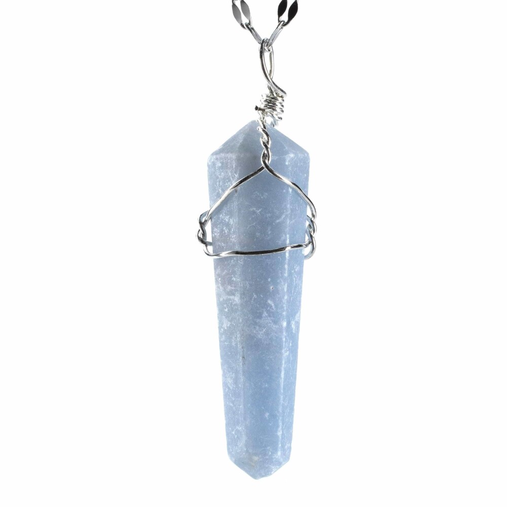 <font size="4" style="position: initial; margin: initial;"><span style="font-family: "EB Garamond"; position: initial; margin: initial;">Angelite Wire Wrapped Pendant</span></font><div style="position: initial; margin: initial; font-family: "EB Garamond";"><font size="4" style="position: initial; margin: initial;"><br style="position: initial; margin: initial; font-family: "EB Garamond";"></font></div><div style="position: initial; margin: initial; font-family: "EB Garamond";"><p style="margin: initial; padding: 0px; border: 0px; font-variant-numeric: inherit; font-variant-east-asian: inherit; font-stretch: inherit; line-height: inherit; font-family: "EB Garamond"; vertical-align: baseline; color: rgb(51, 51, 51); position: initial;"><font size="4" style="position: initial; margin: initial;">Featured on this necklace is Angelite. It is believed to:</font></p><ul style="margin: initial; padding: 0px; border: 0px; font-variant-numeric: inherit; font-variant-east-asian: inherit; font-stretch: inherit; line-height: inherit; font-family: "EB Garamond"; vertical-align: baseline; color: rgb(51, 51, 51); position: initial;"><li style="margin: initial; padding: 0px; border: 0px; font-style: inherit; font-variant: inherit; font-weight: inherit; font-stretch: inherit; line-height: inherit; font-family: "EB Garamond"; vertical-align: baseline; list-style: outside disc; position: initial;"><font size="4" style="position: initial; margin: initial;">Create a deep feeling of peace and tranquility.</font></li><li style="margin: initial; padding: 0px; border: 0px; font-style: inherit; font-variant: inherit; font-weight: inherit; font-stretch: inherit; line-height: inherit; font-family: "EB Garamond"; vertical-align: baseline; list-style: outside disc; position: initial;"><font size="4" style="position: initial; margin: initial;">Connect to universal knowledge and raises awareness.</font></li><li style="margin: initial; padding: 0px; border: 0px; font-style: inherit; font-variant: inherit; font-weight: inherit; font-stretch: inherit; line-height: inherit; font-family: "EB Garamond"; vertical-align: baseline; list-style: outside disc; position: initial;"><font size="4" style="position: initial; margin: initial;">Stimulate healing.</font></li></ul><p style="margin: initial; padding: 0px; border: 0px; font-variant-numeric: inherit; font-variant-east-asian: inherit; font-stretch: inherit; line-height: inherit; font-family: "EB Garamond"; vertical-align: baseline; color: rgb(51, 51, 51); position: initial;"><font style="font-size: 16.8px; line-height: 22px; position: initial; margin: initial;">Chains are sold </font><font style="font-size: 16.8px; position: initial; margin: initial;">separately</font><font style="font-size: 16.8px; line-height: 22px; position: initial; margin: initial;">.</font><br style="position: initial; margin: initial;"></p><p style="margin: initial; padding: 0px; border: 0px; font-variant-numeric: inherit; font-variant-east-asian: inherit; font-stretch: inherit; line-height: inherit; font-family: "EB Garamond"; vertical-align: baseline; color: rgb(51, 51, 51); position: initial;"><font size="4" style="position: initial; margin: initial;">This stone was mined and hand-carved in Brazil.</font></p><p style="margin: initial; padding: 0px; border: 0px; font-variant-numeric: inherit; font-variant-east-asian: inherit; font-stretch: inherit; line-height: inherit; font-family: "EB Garamond"; vertical-align: baseline; color: rgb(51, 51, 51); position: initial;"><font size="4" style="position: initial; margin: initial;">As each piece is unique and one of a kind, please allow for variations in size, shape, and color of the stone that you receive. We guarantee the authenticity of this gemstone. Your satisfaction is guaranteed.</font></p></div> Angelite Wire Wrapped Pendant