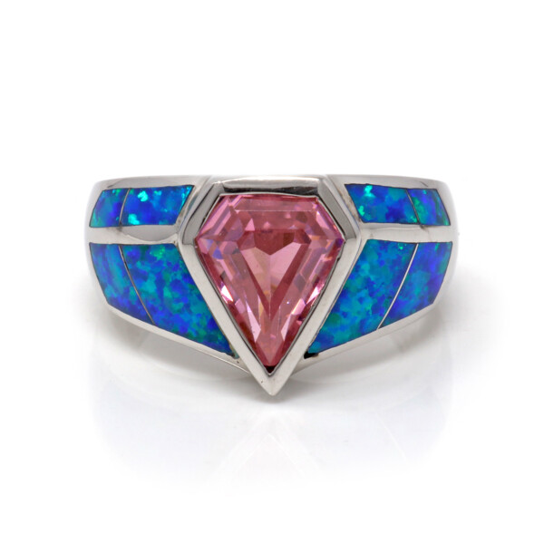 Closeup photo of Blue Opal Inlay Ring Size 8 With Triangle Diamond Pink Cz In Wide Band
