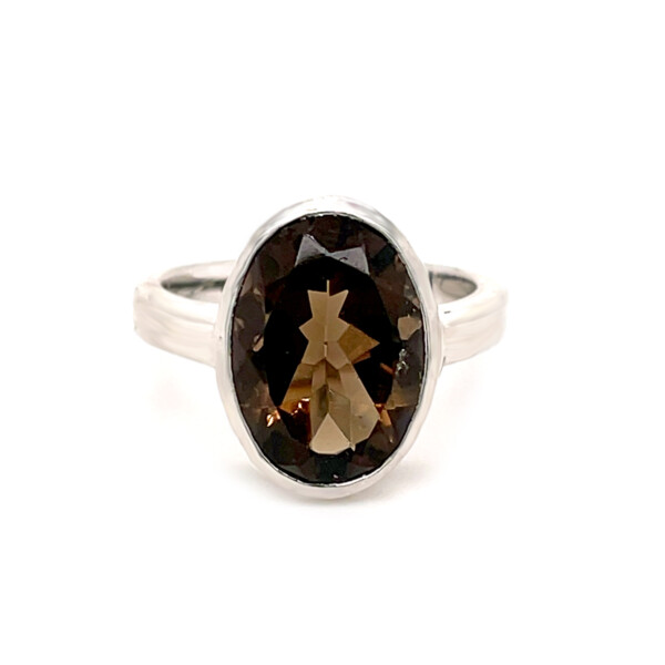 Closeup photo of Smoky Quartz Ring Size 7 - Faceted Oval With Raised Silver Cutout Bezel & Tapered Band