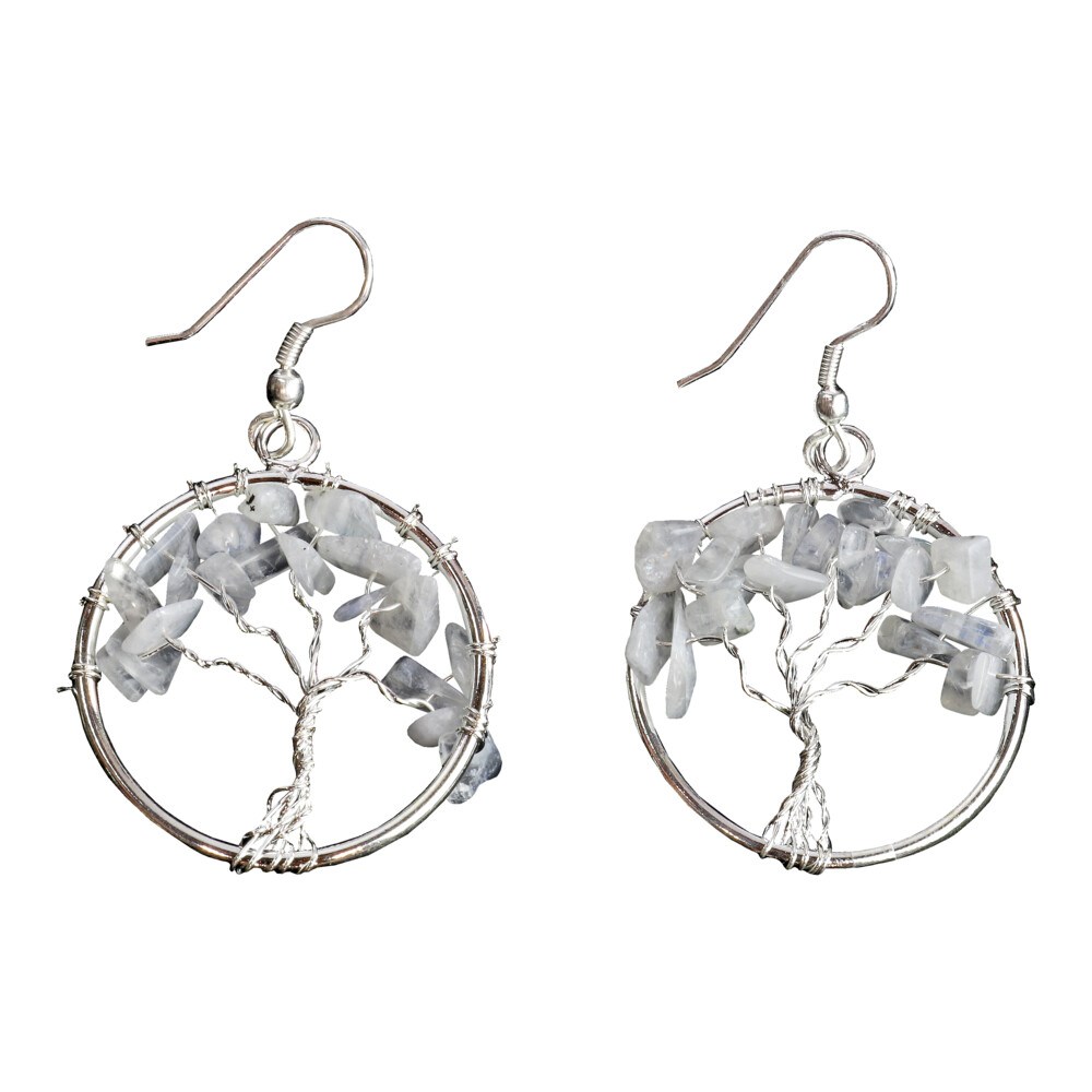 <font size="4"><span style="font-family: "EB Garamond";">Rainbow Moonstone Tree Of Life Earrings</span></font><div style="position: initial; margin: initial; font-family: "EB Garamond";"><p style="font-variant-numeric: normal; font-variant-east-asian: normal; font-stretch: normal; line-height: normal; font-family: "EB Garamond"; color: rgb(0, 0, 0); position: initial; margin: initial;"><font size="4">Each item is unique and one of a kind. Nature's treasures do vary in their shape and color.</font></p></div><div style="position: initial; margin: initial; font-family: "EB Garamond";"><font size="4"><br style="position: initial; margin: initial; font-family: "EB Garamond";"></font></div><div style="position: initial; margin: initial; font-family: "EB Garamond";"><p style="margin: initial; font-variant-numeric: normal; font-variant-east-asian: normal; font-stretch: normal; line-height: normal; font-family: "EB Garamond"; color: rgb(0, 0, 0); position: initial;"><span style="position: initial; margin: initial; font-family: "EB Garamond";"><font size="4">RAINBOW MOONSTONE</font></span></p><p style="margin: initial; font-variant-numeric: normal; font-variant-east-asian: normal; font-stretch: normal; line-height: normal; font-family: "EB Garamond"; color: rgb(0, 0, 0); position: initial;"><font size="4">“</font><span style="font-size: 1.2rem;">Traveler's Gem of Hope and Intuition”</span></p><p style="margin: initial; font-variant-numeric: normal; font-variant-east-asian: normal; font-stretch: normal; line-height: normal; font-family: "EB Garamond"; color: rgb(0, 0, 0); position: initial;"><span style="position: initial; margin: initial; font-family: "EB Garamond";"><font size="4">Moonstone </font></span><span style="font-size: 1.2rem;">is mostly comprised of Orthoclase feldspar or potassium</span></p><p style="margin: initial; font-variant-numeric: normal; font-variant-east-asian: normal; font-stretch: normal; line-height: normal; font-family: "EB Garamond"; color: rgb(0, 0, 0); position: initial;"><font size="4">feldspar, an important tecto-silicate to the formation of igneous rock. The </font><span style="font-size: 1.2rem;">visual effect is caused by light diffraction, regular succession of the micro </span><span style="font-size: 1.2rem;">feldspar layers ‘adularescence.’ It is said if you give your lover a piece of </span><span style="font-size: 1.2rem;">moonstone when the moon is full you will always have passion with each </span><span style="font-size: 1.2rem;">other. Moonstone is a highly valued gemstone for these reasons: brings </span><span style="font-size: 1.2rem;">good fortune, assists in foretelling the future, enhances intuition, </span><span style="font-size: 1.2rem;">promotes inspiration, brings success in love as well as business matters, </span><span style="font-size: 1.2rem;">offers protection on land and at sea.</span></p></div> Rainbow Moonstone Tree Of Life Earrings
