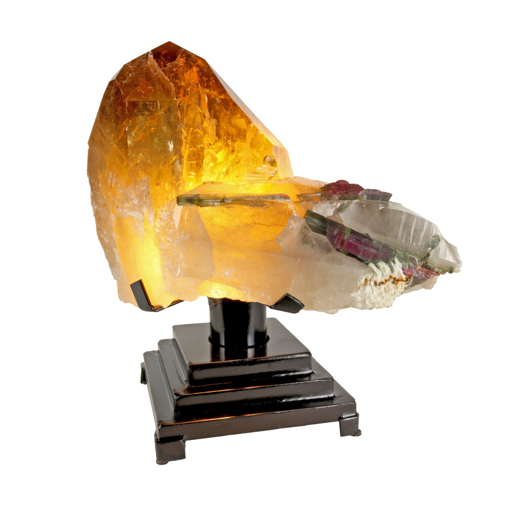 Natural Citrine Point With Watermelon Tourmaline Inclusions On Rotating Base