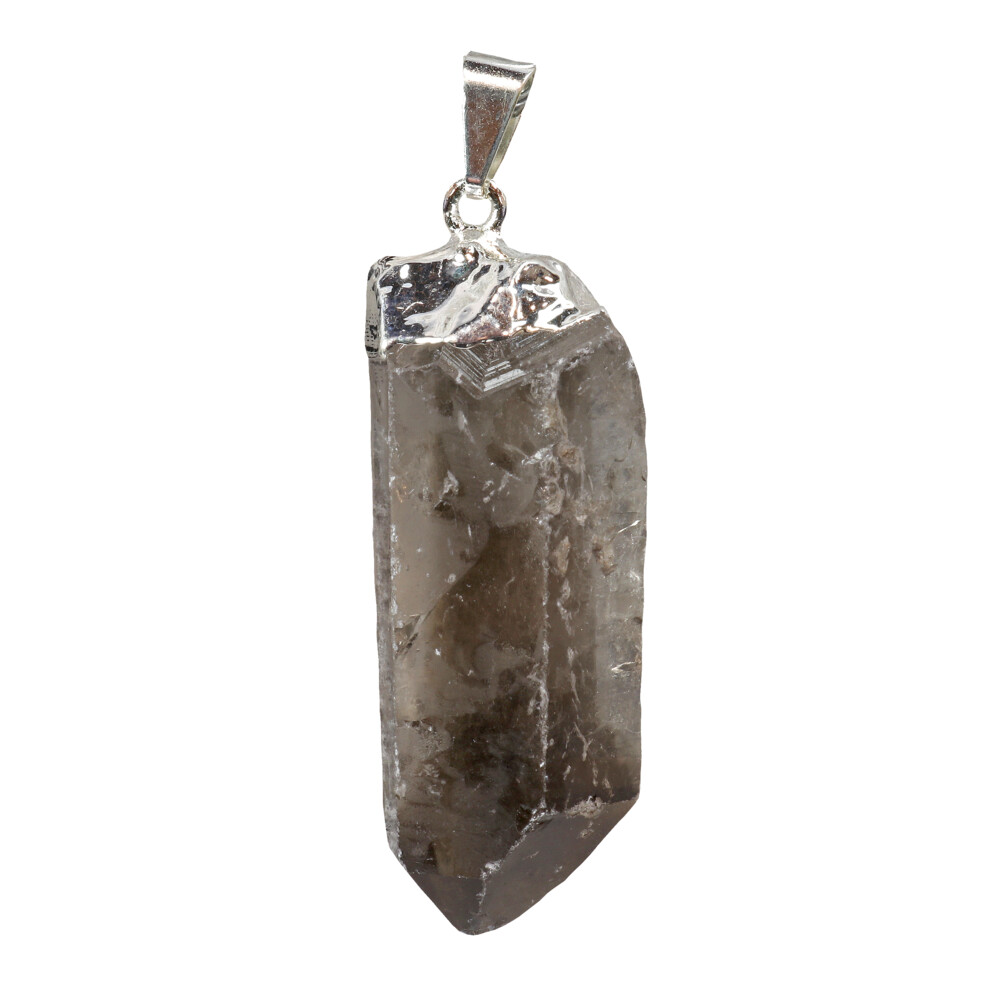 <font style="position: initial; margin: initial; font-family: "EB Garamond";" size="4"><span style="font-family: "EB Garamond"; position: initial; margin: initial;">Smoky Quartz Point Pendant - Jumbo Silver Plated</span></font><div style="position: initial; margin: initial; font-family: "EB Garamond";"><p style="font-variant-numeric: normal; font-variant-east-asian: normal; font-stretch: normal; line-height: normal; font-family: "EB Garamond"; color: rgb(0, 0, 0); position: initial; margin: initial;"><font style="position: initial; margin: initial; font-family: "EB Garamond";" size="4">Each item is unique and one of a kind. Nature's treasures do vary in their shape and color.</font></p><p style="font-variant-numeric: normal; font-variant-east-asian: normal; font-stretch: normal; line-height: normal; font-family: "EB Garamond"; color: rgb(0, 0, 0); position: initial; margin: initial;"><font style="position: initial; margin: initial; font-family: "EB Garamond";" size="4"><br style="position: initial; margin: initial; font-family: "EB Garamond";"></font></p><p style="margin: initial; font-variant-numeric: normal; font-variant-east-asian: normal; font-stretch: normal; line-height: normal; font-family: "EB Garamond"; color: rgb(0, 0, 0); position: initial;"><span style="position: initial; margin: initial; font-family: "EB Garamond";"><font size="4">SMOKY QUARTZ</font></span></p><p style="margin: initial; font-variant-numeric: normal; font-variant-east-asian: normal; font-stretch: normal; line-height: normal; font-family: "EB Garamond"; color: rgb(0, 0, 0); position: initial;"><font size="4">“</font><span style="font-size: 1.2rem;">Gem of Transforming & Removing Negativity”</span></p><p style="margin: initial; font-variant-numeric: normal; font-variant-east-asian: normal; font-stretch: normal; line-height: normal; font-family: "EB Garamond"; color: rgb(0, 0, 0); position: initial;"><span style="position: initial; margin: initial; font-family: "EB Garamond";"><font size="4">Smoky Quartz </font></span><span style="font-size: 1.2rem;">is a translucent variety of quartz; with colors ranging</span></p><p style="margin: initial; font-variant-numeric: normal; font-variant-east-asian: normal; font-stretch: normal; line-height: normal; font-family: "EB Garamond"; color: rgb(0, 0, 0); position: initial;"><font size="4">from a translucent brownish-gray to an almost opaque black (Morion).</font></p><p style="margin: initial; font-variant-numeric: normal; font-variant-east-asian: normal; font-stretch: normal; line-height: normal; font-family: "EB Garamond"; color: rgb(0, 0, 0); position: initial;"><font size="4">The color occurs due to its chemical composition as a silicon dioxide</font></p><p style="margin: initial; font-variant-numeric: normal; font-variant-east-asian: normal; font-stretch: normal; line-height: normal; font-family: "EB Garamond"; color: rgb(0, 0, 0); position: initial;"><font size="4">mineral; when free silicon atoms are exposed to natural irradiation.</font></p><p style="margin: initial; font-variant-numeric: normal; font-variant-east-asian: normal; font-stretch: normal; line-height: normal; font-family: "EB Garamond"; color: rgb(0, 0, 0); position: initial;"><font size="4">Energetically smoky quartz is a great protection stone on many levels. As </font><span style="font-size: 1.2rem;">a transformative stone, it is excellent at elevating moods, relieving stress </span><span style="font-size: 1.2rem;">and other negative emotions. It is also very grounding and physically it </span><span style="font-size: 1.2rem;">may help ease dis-eases occurring around the lower torso. Associated </span><span style="font-size: 1.2rem;">with the Root Chakra.</span></p></div><div style="position: initial; margin: initial; font-family: "EB Garamond";"><br style="position: initial; margin: initial;"></div> Smoky Quartz Point Pendant - Jumbo Silver Plated