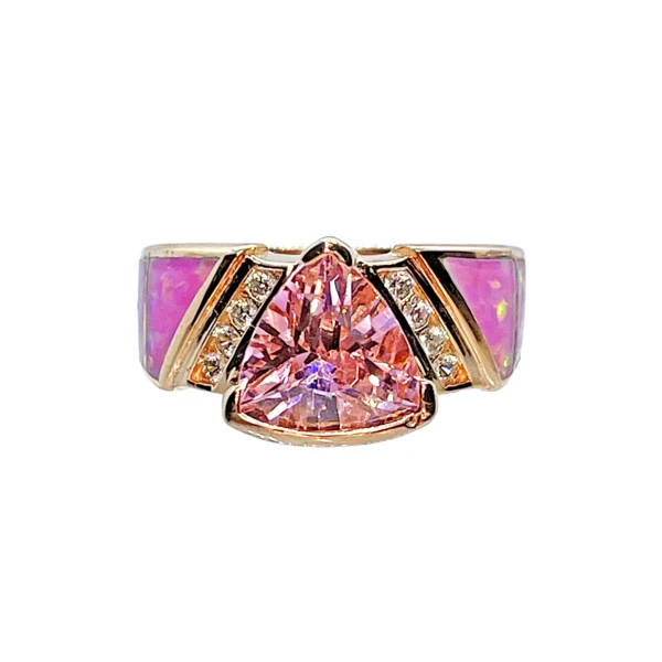 Closeup photo of Pink Opal Ring Size 7 - Side Inlay Band With Pink Trillion Cz And Angled Bezel Set White Czs