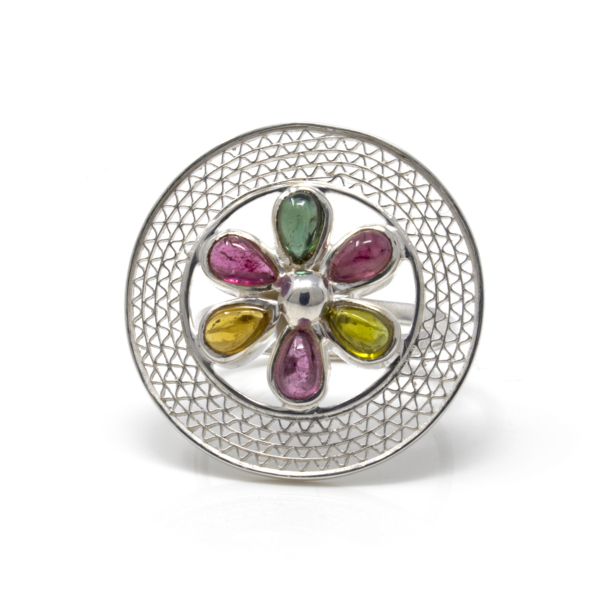 Closeup photo of Multi Tourmaline Flower Ring - 6 Pear Cabochon Petals Set In Center Of Silver Mesh Open Circle Sz7