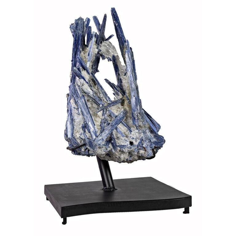 <font size="4"><span style="font-family: Arial;"><font size="4"><span style="font-family: "EB Garamond";"><font size="4">This Kyanite crystal cluster is magnificent. Cradled upon a solid metal base, the large blue crystals are held together by the tenacious clear quartz, allowing the specimen to display the beauty of natures design.</font></span></font></span> </font> Kyanite Crystal Cluster On Quartz On Fitted Stand