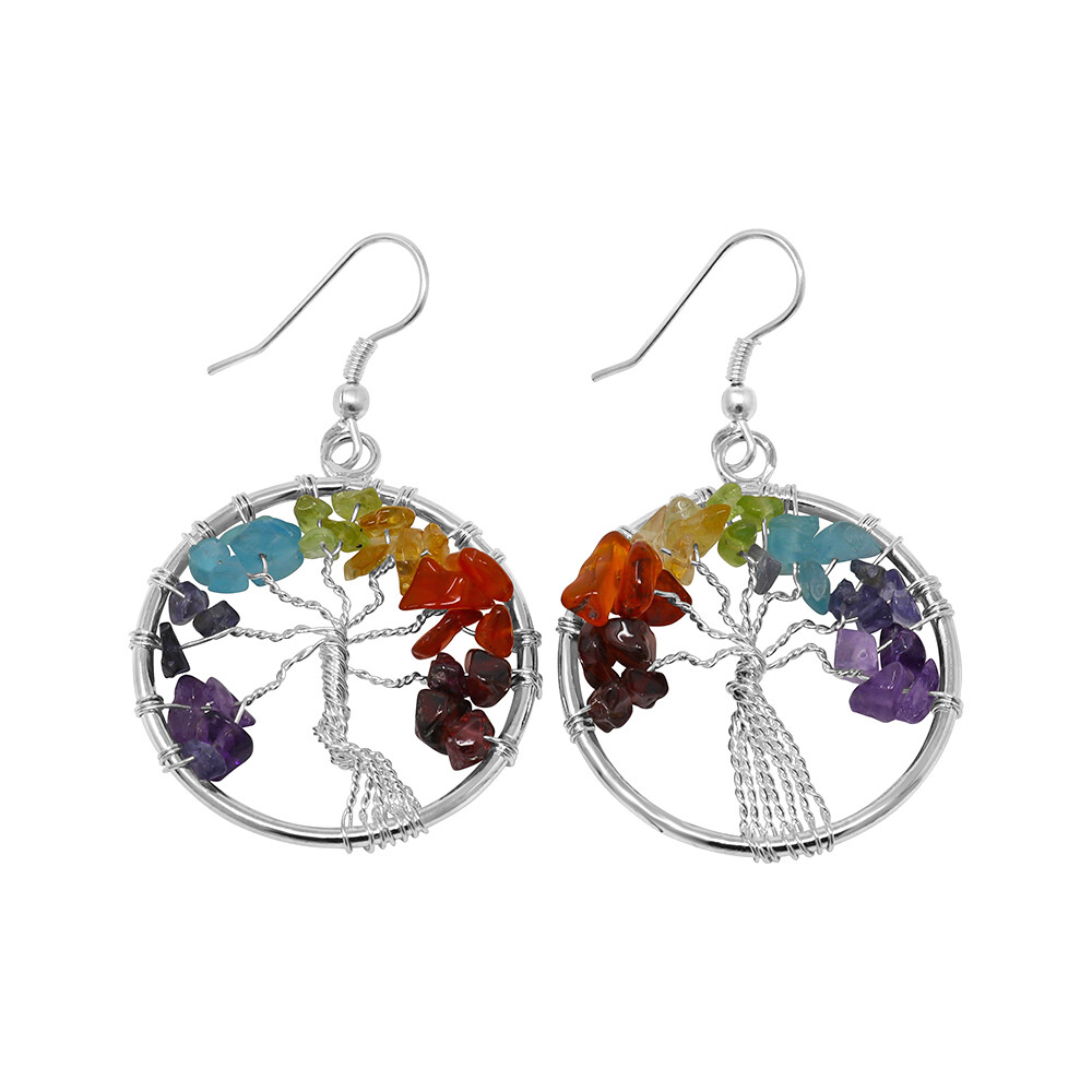 <font style="font-family: "EB Garamond";" size="4">Our "Tree of Life" Earrings are casual enough for everyday. Each earring measures approximately 2" tall including the wire and 1.25" in diameter. The Tree of Life symbol represents the Interconnectedness of All Life and Brings Positive Energy and Good Health. There are Seven Different Natural Gemstones matching the Color of the Seven Chakras. The Seven Chakras consist of the Crown, Third Eye, Throat, Heart, Solar Plexus, Sacral and Root. These are considered Energy Centers of your body; through them Flows the Force of Life, since Its Main Functions are to Revitalize the Body at a Physical Level and Develop Self-Awareness.</font><div style="font-family: "EB Garamond";"><span style="color: rgb(34, 34, 34); font-family: "EB Garamond";"><font style="font-family: "EB Garamond";" size="4">Every stone is Unique and One of a Kind. Nature's Treasures do Vary in their Shape and Color.</font></span><br style="position: initial; margin: initial;"></div> 7 Chakra Tree Of Life Earrings