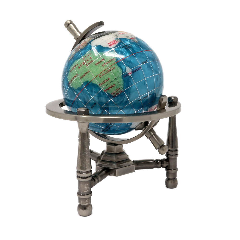<div style="font-family: "EB Garamond"; color: rgb(0, 0, 0);"><font face="EB Garamond" style="font-family: "EB Garamond"; color: rgb(0, 0, 0);" size="4">Mini globe inlaid with various different stones and minerals! The sparkling blue-green ocean is an Bahama blue Opalite and every continent is a different gemstone. A great find for anyone who loves geography, geology & gemology! Let your imagination run wild looking at all the different countries, while also learning about different gems and minerals! These gemstone globes come with a gemstone chart that matches the gemstone to its country or continent! </font></div><span style="font-family: "EB Garamond"; color: rgb(0, 0, 0);"><font style="font-family: "EB Garamond"; color: rgb(0, 0, 0);" size="4">Every item is unique and one of a kind. Nature's treasures do vary in their shape and color</font></span> 3" Inlay Globe -Bahama Blue Opalite 3 Legged