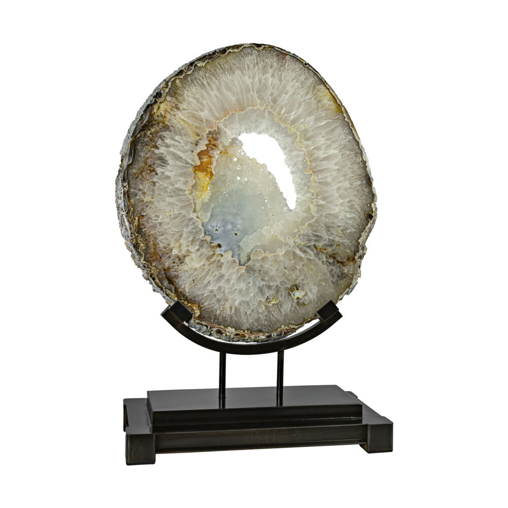 Agate Slice On Custom Stand -Quartz Ring With Iron Inclusions 