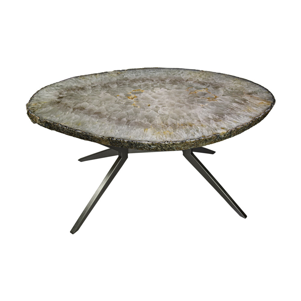 <span></span><span style="font-family: Quicksand;"><span style="font-family: "EB Garamond";"><font size="4"><span style="font-family: "EB Garamond";"><font size="4">This Agate Coffee Table is tastefully crafted of an incredible thick slab of agate, with massive quartz crystalline formations and natural geode edge, on a contemporary x-style custom metal base with matte silver finish. The subtle smoky tones and iron colored druze pockets add dimension and character to this quietly bold agate coffee table. Subtle neutral tones of the agate and minimalist design of the base make this agate coffee table easy to place in any space.</font></span></font></span></span> Agate Coffee Table On X Design Base With Quartz And Iron Agate Druze Pockets