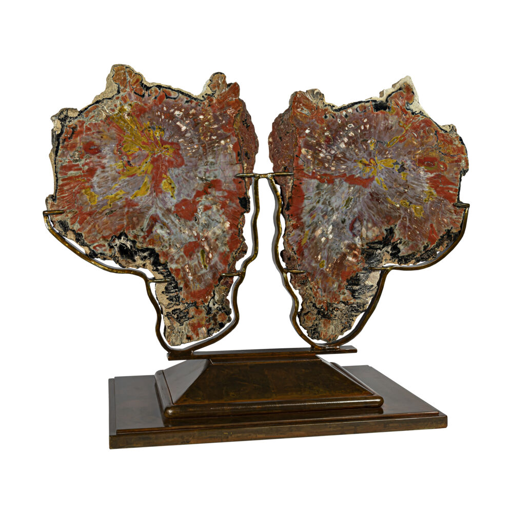 <span></span><span style="font-family: Arial;"><span style="font-family: Quicksand;"><font size="4"><span style="font-family: "EB Garamond";"><font size="4">This Book-Matched Pair of Two-sided polished Arizona Petrified Wood slices on a Custom Crafted Metal Stand allows all of it's beauty to show as you walk around this 360-degree piece of art. The incredible colors of this Arizona Petrified Wood developed while the Conifer trees were buried beneath the Earths surface for over 180,000,000 years. The statement these polished Arizona Petrified Wood slices will redefine any space.</font></span></font></span></span> Arizona Petrified Wood Polished Pair On Custom Stand