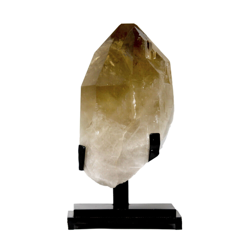 <font size="4"><span style="font-family: Arial;"><font size="4"><span style="font-family: Quicksand;"><font size="4"><span style="font-family: "EB Garamond";"><font size="4">Captivating Citrine Point on a Prong-Style Black Fitted Metal Stand. This natural citrine point is truly one of natures finest examples of beauty. Whether on a shelf, table, or pedestal, this massive natural citrine point on black fitted stand will call to be on center stage.</font></span></font></span></font></span></font> Natural Citrine Point On Black Fitted Stand