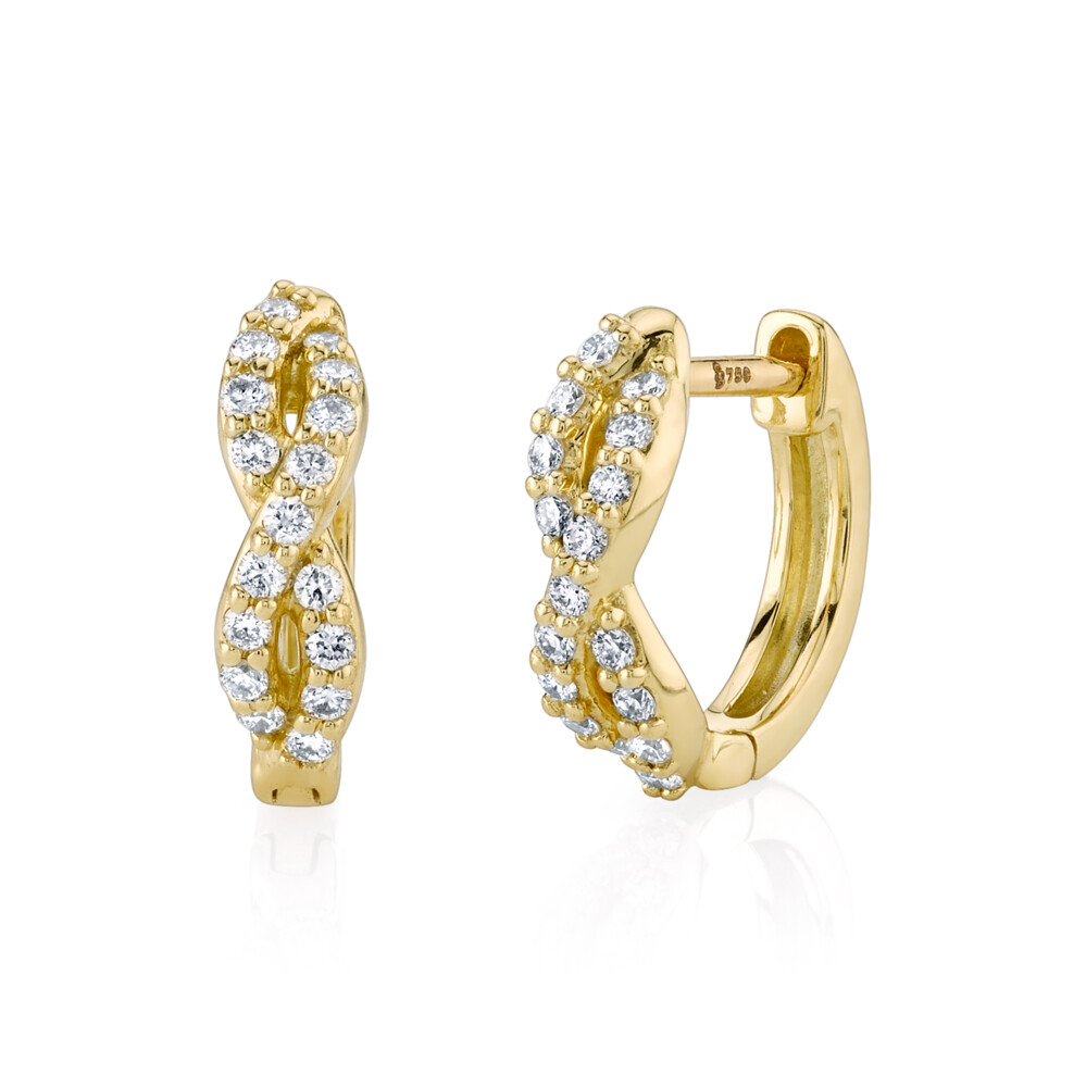<span style="font-size: 16.8px; position: initial; margin: initial;">SLOANE STREET BRAIDED HUGGIE HOOP EARRING IN 18K GOLD FEATURES DELICATE PAVE DIAMOND TWISTS THAT HUG THE EAR FOR A COMFORTABLE FEMININE EVERYDAY LOOK AND A UNIQUE TAKE ON A CLASSIC STYLE.</span> Pave Diamond Braided Huggy Hoops