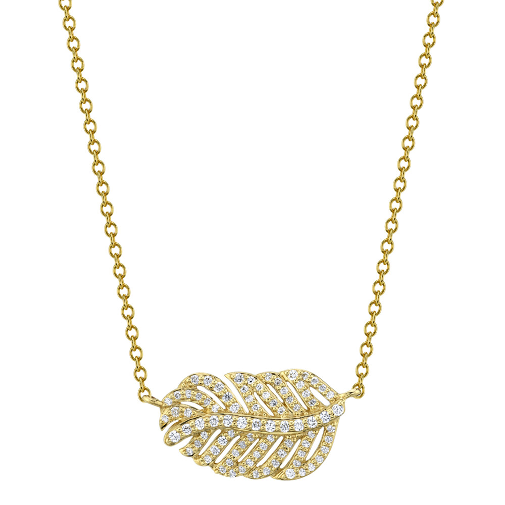 THE FEATHER SYMBOLIZES INSPIRATION AND FREEDOM, BUT WHEN WORN CLOSE TO THE HEART, OUR SLOANE STREET PETITE PAVE DIAMOND FEATHER MOTIF PENDANT BRINGS ITS WEARER PROTECTION AND LOVE. Pave Diamond Dainty Feather Pendant