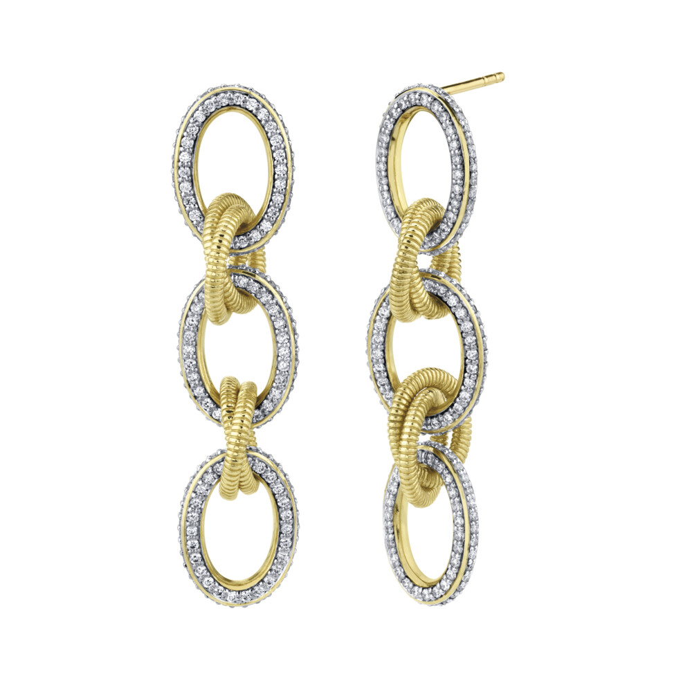 THE TRIPLE TIERED SLOANE STREET 43.4MM WHITE DIAMOND PAVE OVAL LINK EARRINGS WITH STRIE LINK DETAIL IN 18K YELLOW GOLD CREATE A STATEMENT THAT IS CLASSIC YET UPDATED FOR THE EVERYDAY WORKING WOMAN. THE DIAMONDS WRAP IN THREE ROWS HUGGING THE CURVATURE OF THE LINK TO GIVE YOU SPARKLE FROM EVERY ANGLE. Pave Diamond Link Medium Drop Earrings