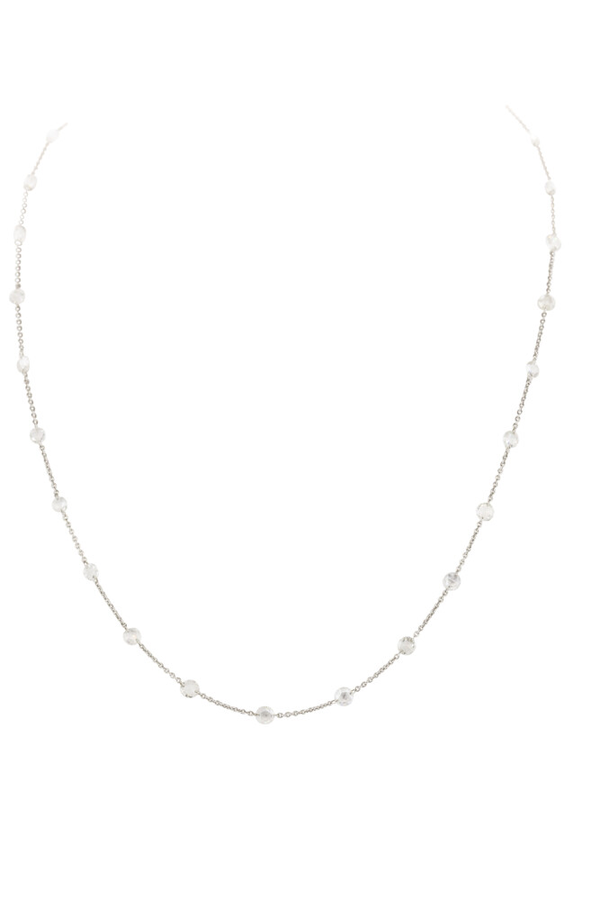 <span style="font-size: 16.8px; position: initial; margin: initial;">SLOANE STREET'S MUST HAVE DIAMOND CHAIN. THIS 18K WHITE GOLD DIAMOND CHAIN WILL HAVE YOU WONDERING HOW YOU EVER LIVED WITHOUT IT. THE 26 3.5MM BRILLIANT ROSE-CUT DIAMONDS ELEGANTLY FLOAT ON YOUR NECK FOR THE PERFECT AMOUNT OF SPARKLE ON A CLASSIC 18” BOSTON CHAIN WITH 16” JUMP RING AND LOBSTER CLASP CLOSURE. WHETHER LOUNGING IN SWEATPANTS, HEADED TO YOGA OR OUT FOR A NIGHT ON THE TOWN, THIS EFFORTLESSLY CHIC CHAIN IS AN ESSENTIAL IN ANY JEWELRY WARDROBE. COMFORTABLE ENOUGH TO NEVER TAKE OFF AND LAYERS PERFECTLY WITH ANY PENDANT OR LONG CHAIN.</span> Floating Rosecut Diamond Chain