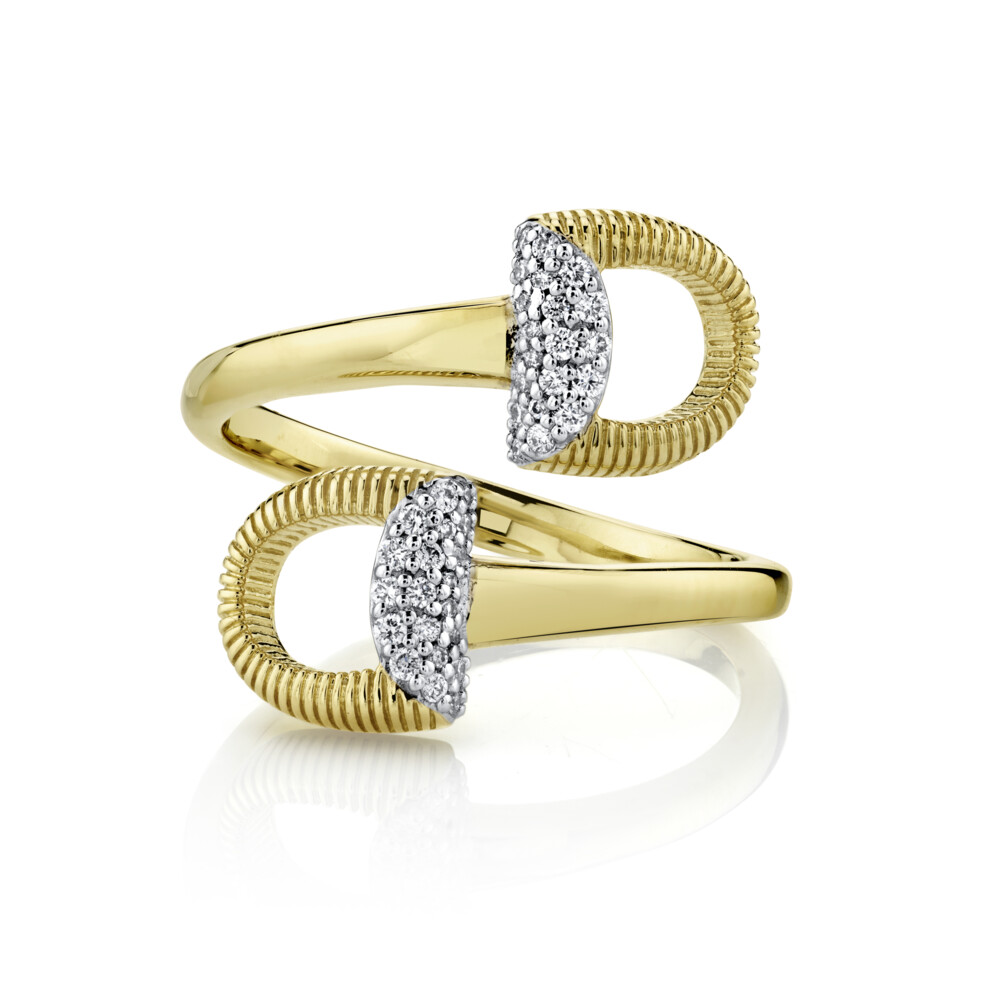 SLOANE STREET EQUESTRIAN COLLECTION WRAP HORSE BIT RING IN 18K YELLOW GOLD FEATURES BEAUTIFUL WHITE DIAMOND PAVE DETAILS AND A COMBINATION OF SHIMMERING STRIE TEXTURE AND RICH HI-POLISH THAT EFFORTLESSLY HUGS THE FINGER. THE CLASSIC BIT MOTIF WAS INSPIRED BY CHARLOTTE AND FRANCES’ HORSE BACKGROUND AND ELITE RIDING CAREERS AND WILL REMAIN A TIMELESS STYLE FOR YEARS TO COME. Double Horse Bit Wrap Around Around Ring