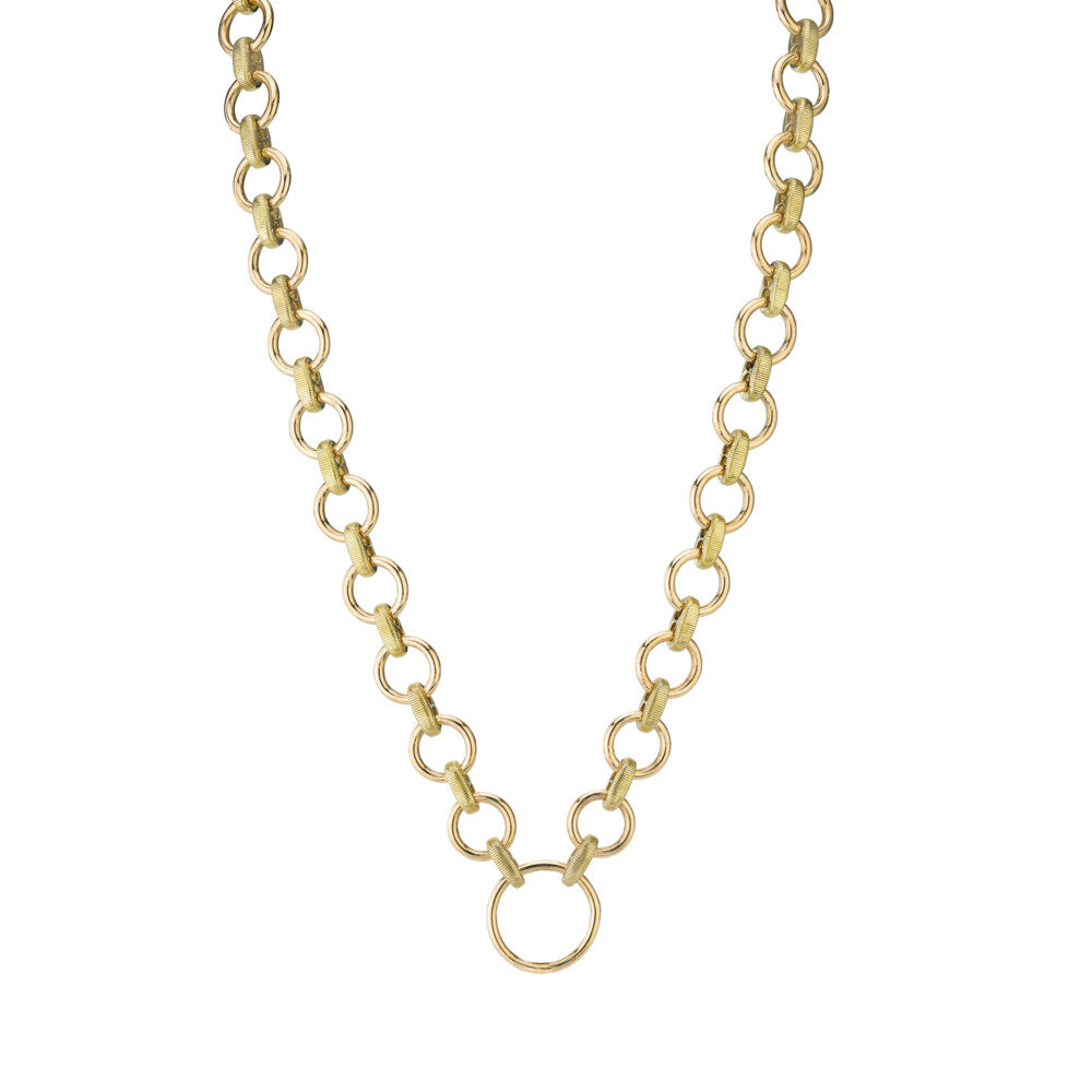 AS CH008D 10MM ROUND LINK BUT WITH A 15MM ROUND LINK IN CENTER, 18", 18K-YG SLOANE STREET ROUND LINK NECKLACEWITH STRIE CONNECTORS, 18K-YG