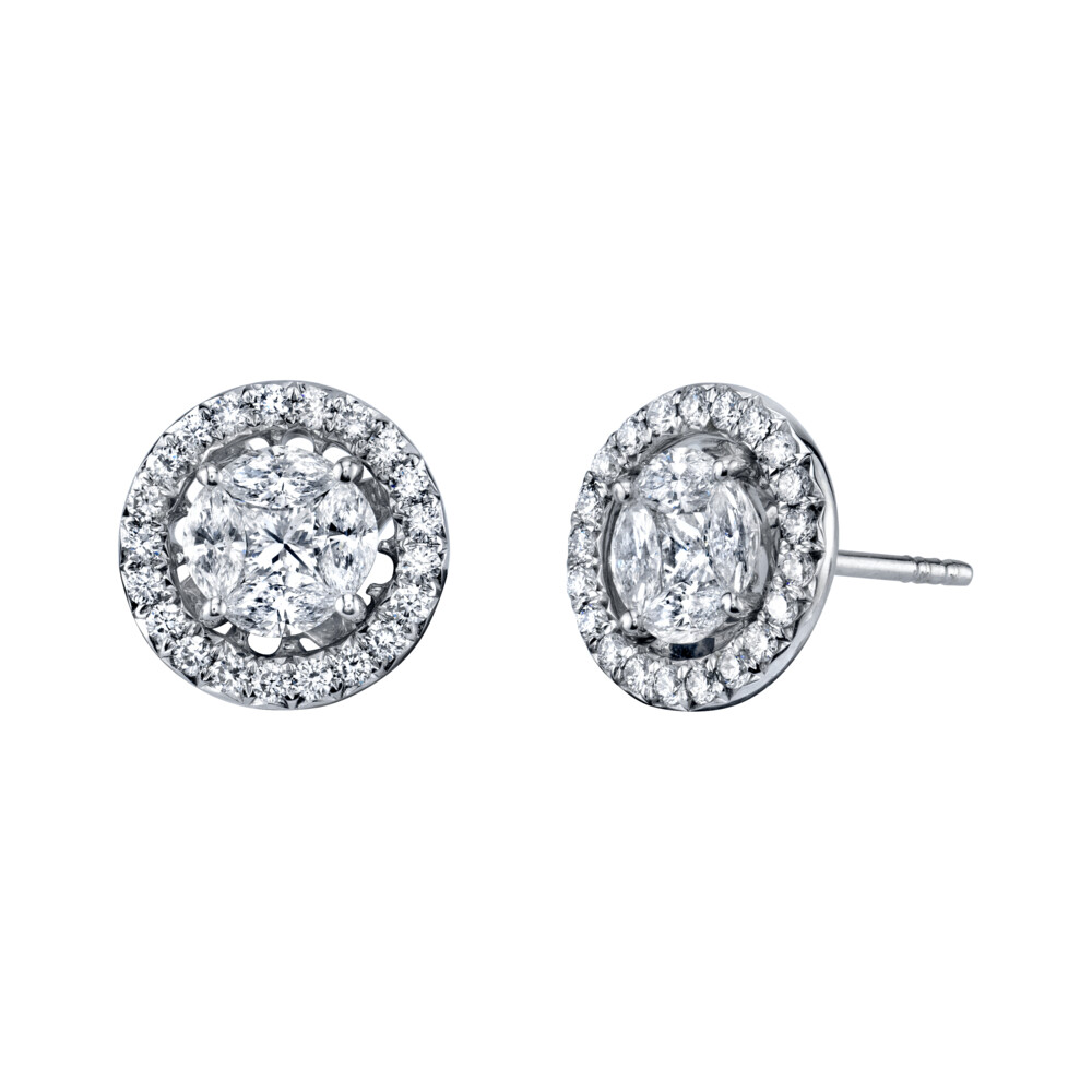 <span style="font-size: 16.8px; position: initial; margin: initial;">SLOANE STREET ILLUSION PAVE DIAMOND EARRINGS IN 18K GOLD GIVE THE LOOK OF A FULL CUT DIAMOND BUT AT A FRACTION OF THE COST. THIS STUNNING EARRING FEATURES A GORGEOUS CLUSTER OF PRECISION CUT MARQUISE DIAMONDS CAREFULLY PLACED AROUND A PRINCESS CUT DIAMOND WITH A TOTAL DIAMETER (NOT INCLUDING HALO) OF A FULL CARAT IN EACH EAR TO GIVE THE ULTIMATE SPARKLE AND DRESS UP OR DOWN WITH DETACHABLE DIAMOND JACKET HALO.</span> Marquis Diamond Stud Earrings With Removable Diamond Halo Jacket