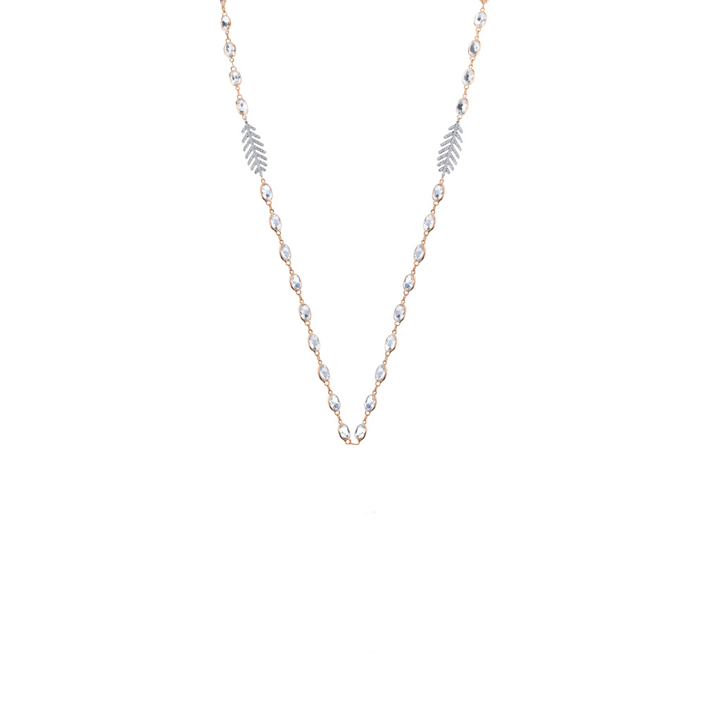 THE DAZZLING SLOANE STREET BEZEL SET WHITE TOPAZ 34” CHAIN IN 18K YELLOW GOLD WITH PETITE PAVE DIAMOND FEATHER STATIONS CAN BE WORN ON ITS OWN OR LAYERED WITH OTHER STYLES BUT WAS DESIGNED TO ENHANCE THE ICONIC LARGE ARTICULATED PAVE DIAMOND FEATHER PENDANT. White Topaz Chain With Dainty Pave Diamond Feathers