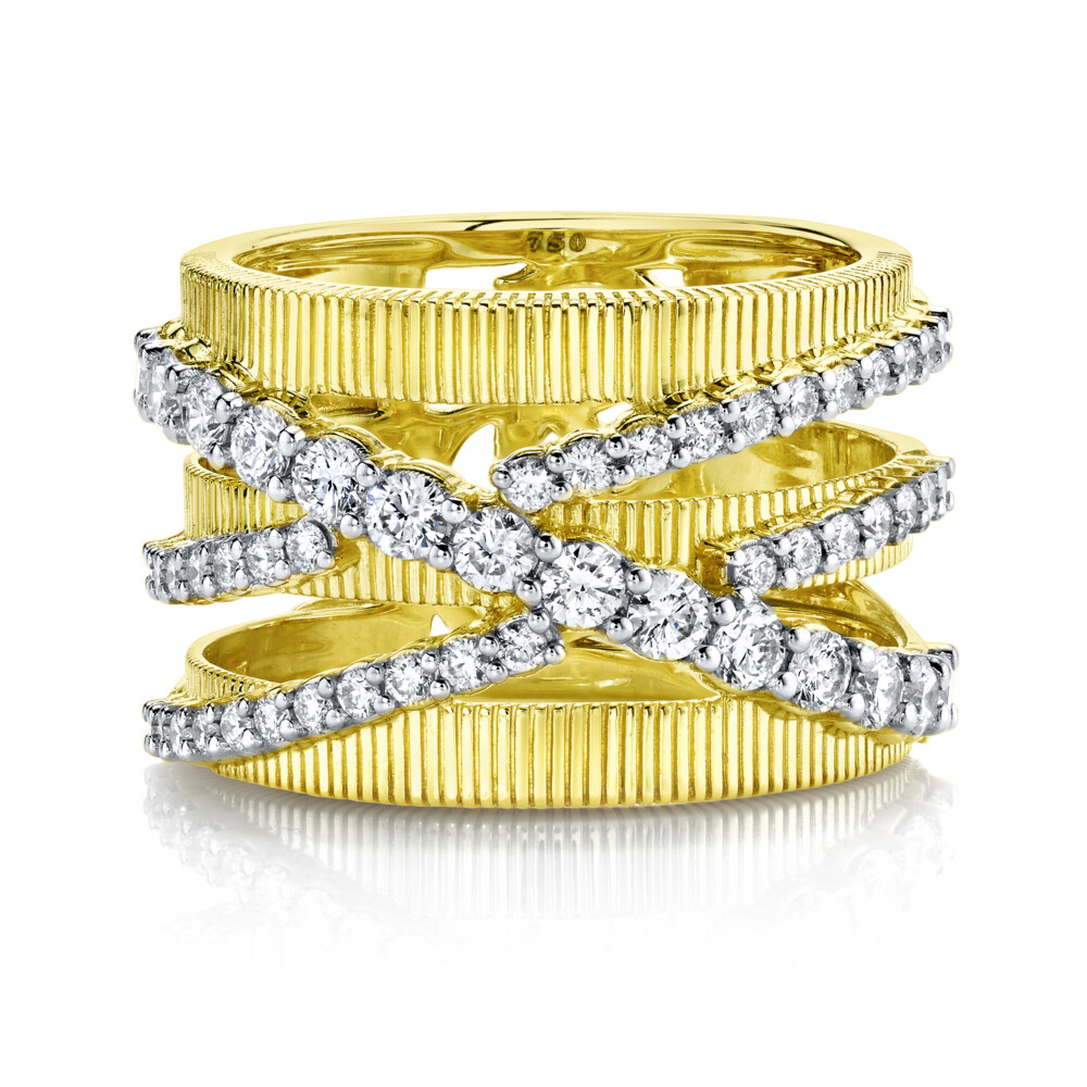 <span style="font-size: 16.8px; position: initial; margin: initial;">SLOANE STREET PAVE WRAP WHITE DIAMOND WIDE BAND RING IN 18K YELLOW GOLD FEATURES RICH STRIE EDGE DETAIL AND LAYERS OF SPARKLING OVERLAPPING DIAMONDS TO CREATE A TIMELESS YET UPDATED LOOK. THIS BAND GIVES YOU A BIG LOOK WITHOUT BEING TOO FLASHY AND A PERFECT EVERYDAY RIGHT HAND RING THAT IS EASILY DRESSED UP OR DOWN. </span> Double Diamond Crisscross Strie Band