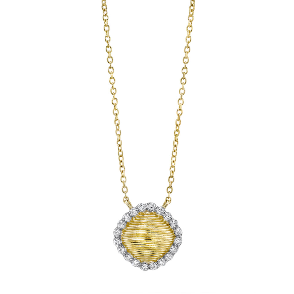 SLOANE STREET ICONIC STRIE CUSHION PENDANT IN 18K YELLOW GOLD FEATURES RICH STRIE TEXTURED GOLD SURROUNDED BY A HALO OF SHIMMERING WHITE DIAMOND PAVE ON A CLASSIC 18” BOSTON CHAIN WITH 16” JUMP RING. THIS TIMELESS PENDANT CREATES THE PERFECT EFFORTLESS LOOK. Strie Cushion Pendant With Diamonds