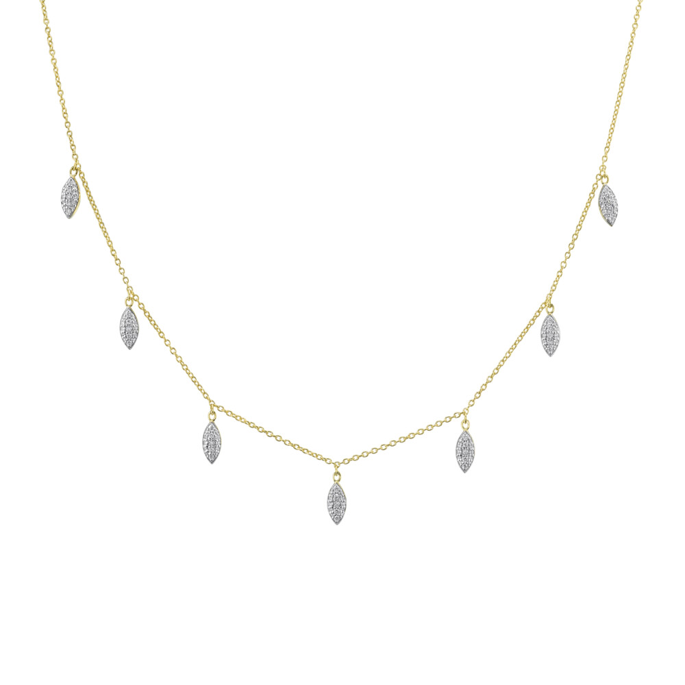SLOANE STREET PAVE WHITE DIAMOND MARQUISE DROP NECKLACE IN 18K YELLOW GOLD FEATURES 7 DELICATE PAVE WHITE DIAMOND MARQUISES HANGING FROM AN 18” CLASSIC BOSTON CHAIN WITH JUMP RING AT 16” WITH LOBSTER CLASP CLOSURE FOR VERSATILITY. THIS EFFORTLESS CHAIN CREATES EASY EVERYDAY LOOK THAT CAN BE DRESSED UP OR DOWN FOR ANY OCCASION. Pave Diamond Marquise Dainty Necklace