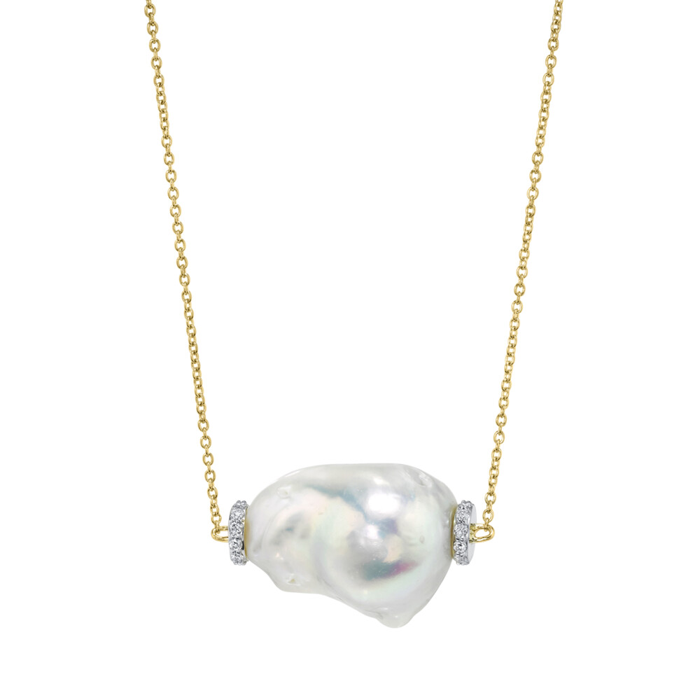 <span style="font-size: 16.8px; position: initial; margin: initial;">THIS UNIQUE AND MODERN PENDANT WILL UPDATE ANYONE’S WARDROBE. THIS PEARL PENDANT FEATURES A SINGLE UNIQUE BAROQUE PEARL SET OFF WITH SHIMMERING WHITE DIAMOND PAVE ROUNDELS ON A SIMPLE BOSTON CHAIN WITH LOBSTER CLASP CLOSURE THAT CAN BE FASTENED AT 18” OR 16” IN 18K YELLOW GOLD.</span> Single Baroque Pearl Pendant With Pave Diamonds