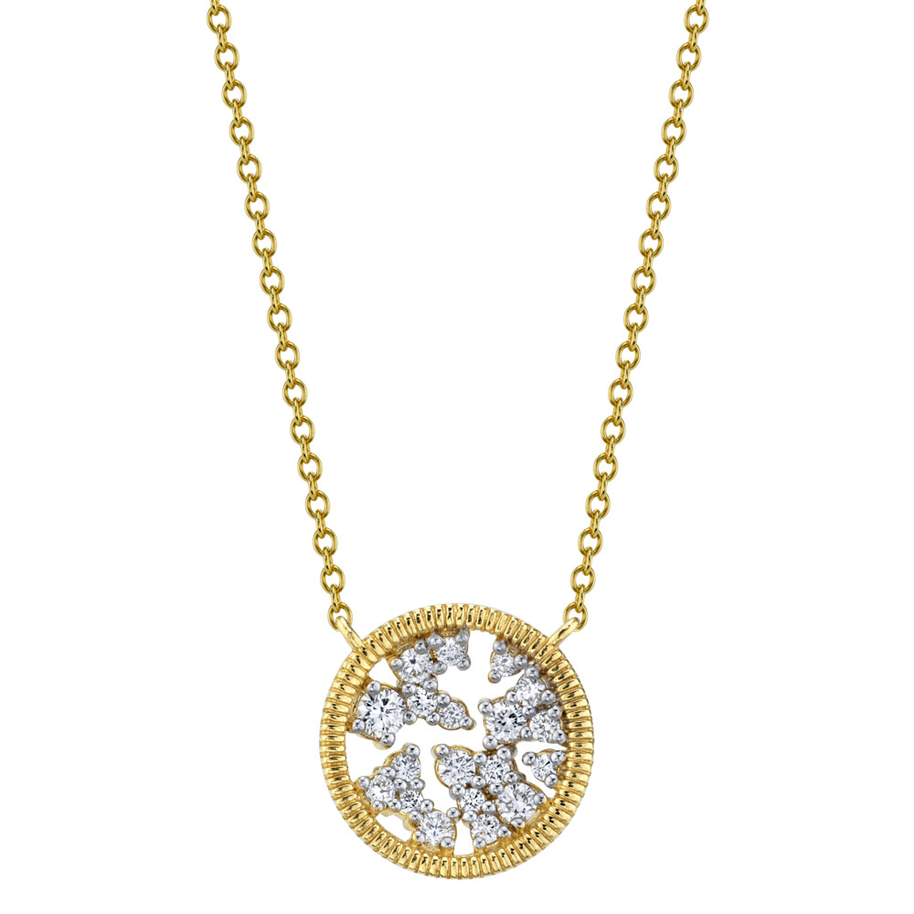 SLOANE STREET PETITE ROUND CELESTIAL COLLECTION WHITE DIAMOND PENDANT IN 18K YELLOW GOLD FEATURES SIGNATURE STRIE EDGE DETAIL WITH SLIGHTLY CONCAVE DESIGN OF SCATTERED GRADUATED WHITE DIAMONDS WITH FEMININE AIR SPACE TO CREATE THE ILLUSION OF THE NIGHT SKY ON A CLASSIC 18” BOSTON CHAIN WITH A 16” JUMP AND LOBSTER CLASP CLOSURE. Diamond Celestial Pendant