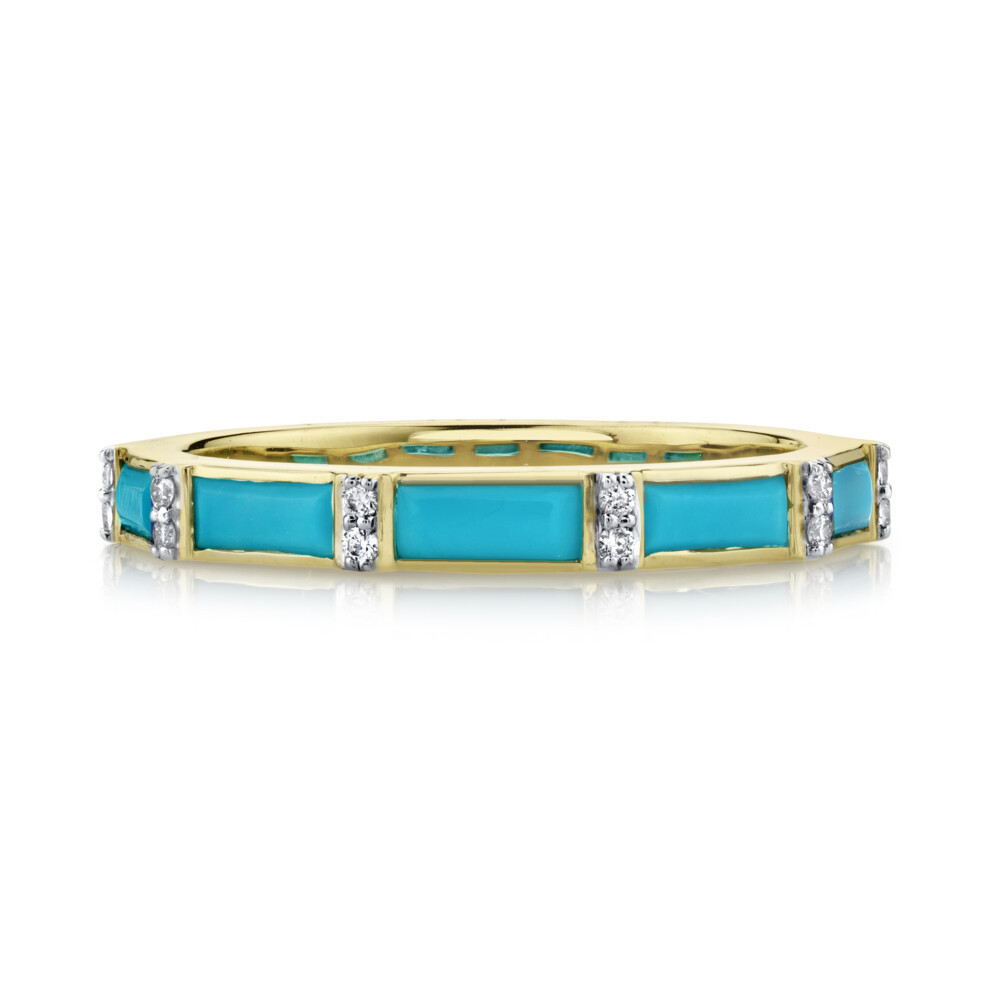 <span style="font-size: 16.8px; position: initial; margin: initial;">SLOANE STREET TURQUOISE STACKER BAND IN 18K YELLOW GOLD FEATURES RICH CUSTOM CUT TURQUOISE BAGUETTES AND BRILLIANT PAVE WHITE DIAMOND STATIONS FOR ADDED SPARKLE. THIS BAND IS A GREAT ADDITION TO ANY STACK, BUT STRONG ENOUGH TO STAND ALONE.</span> Turquoise Baguette Ring With Diamonds