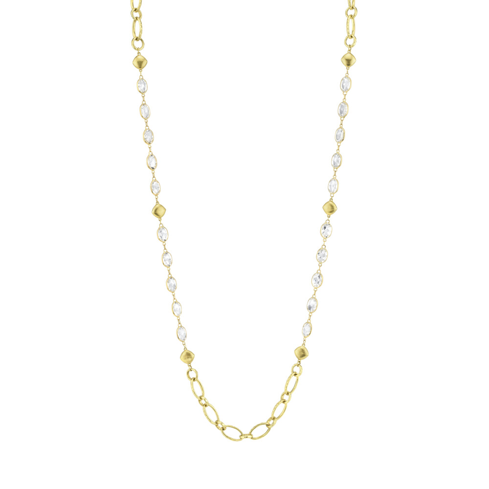 SLOANE STREET WHITE TOPAZ AND GOLD LINK STATION 40” CHAIN IN 18K YELLOW GOLD FEATURES BEZEL SET BRILLIANT WHITE TOPAZ GEMSTONES BROKEN UP BY SECTIONS OF SIGNATURE MARQUISE CHAIN LINK WITH LOBSTER CLASP CLOSURE. THIS INCREDIBLY VERSATILE CHAIN CAN BE WORN SO MANY DIFFERENT WAYS AND IS THE PERFECT EVERYDAY GO-TO. White Topaz Chain With Gold Link Stations