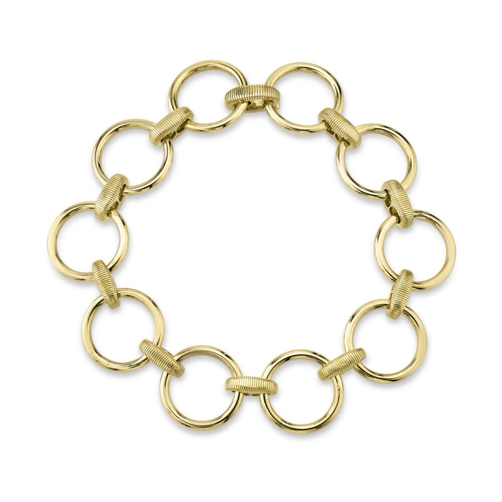 AS B009D : 12MM ROUND HOLLOW GOLD CIRCLES WITH STRIE CONNECTORS, CLASP AS B005. 18K-YG. SIZE 7 SLOANE STREET ROUND LINK BRACELET WITH STRIE CONNECTORS, 18K-YG