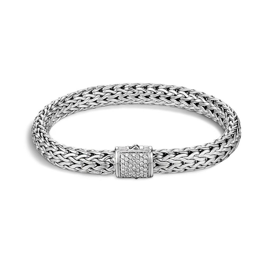 7.5MM Sterling silver woven chain with diamonds. Classic Chain Bracelet Sterling Silver with Diamonds
