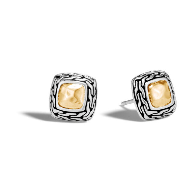 Classic Chain 12MM Stud Earring in Silver and Hammered 18K Gold Classic Chain Stud Earrings Sterling Silver with 18K Gold