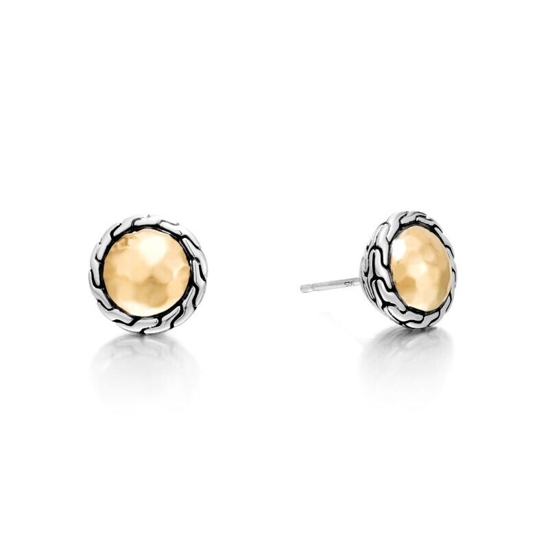 12MM Round Stud Earrings Sterling Silver with Hammered 18K Gold Accents Classic Chain Round Stud Earrings Sterling Silver with 18K Gold