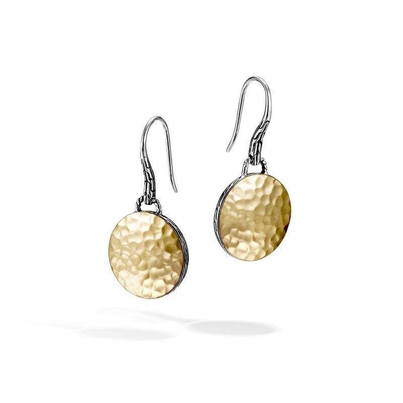 33.5MM Sterling Silver Drop Earrings with Hammered 18K Gold Accents Hammered Drop Earrings Sterling Silver with 18K Gold