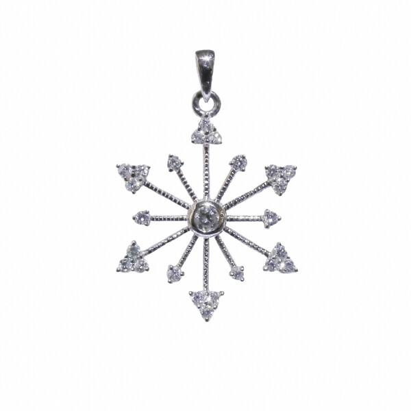 Closeup photo of 14k White Gold Snowflake pendant with diamonds