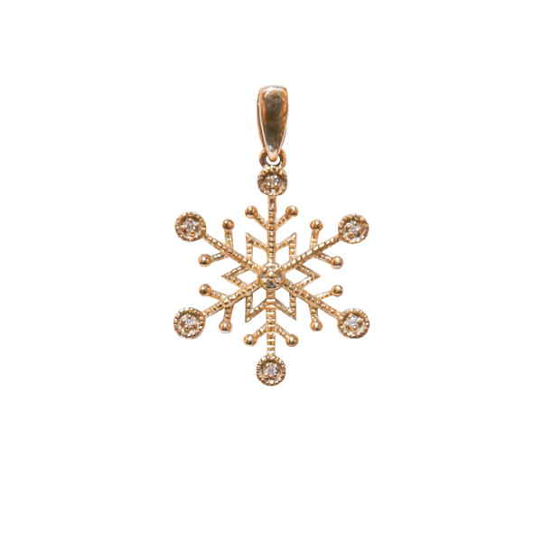 Closeup photo of 10K Yellow Gold Snowflake Pendant with diamonds