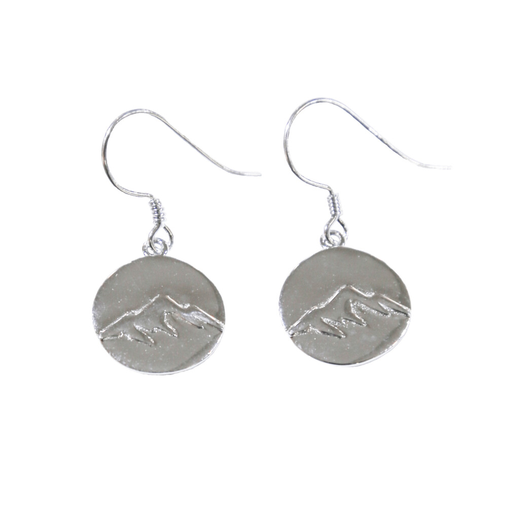 Sterling silver round mountain dangle earrings.<div>1/2" in size.</div> Mountain Sterling Silver Earrings