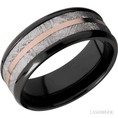 Zirconium Ring with metorite and 14kt rose gold inlay Zirconium ring