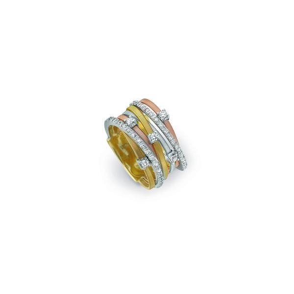18K yellow, rose and white gold seven row ring with brilliant cut diamonds. Playfully contrasting different shades of gold with brilliant diamonds, this Goa Diamond Ring is handmade with Marco's signature 'corda di chitarra' technique. Total diamond weight: 0.41 18K Yellow, Rose and White Gold Seven Strand Diamond & Pave Ring