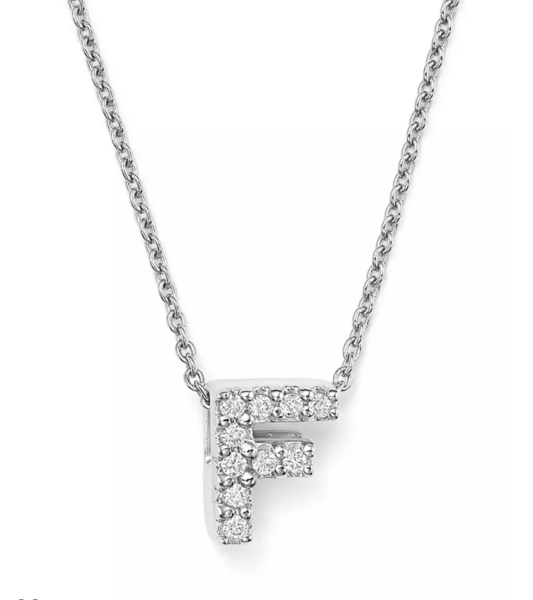 Closeup photo of 18K WG Love Letter 'F' Pendant Necklace with Diamonds