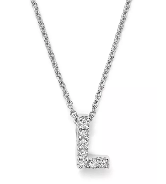Closeup photo of 18K WG Love Letter 'L' Pendant Necklace with Diamonds