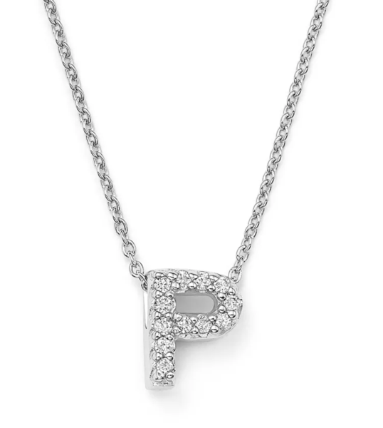 Closeup photo of 18K WG Love Letter 'P' Pendant Necklace with Diamonds