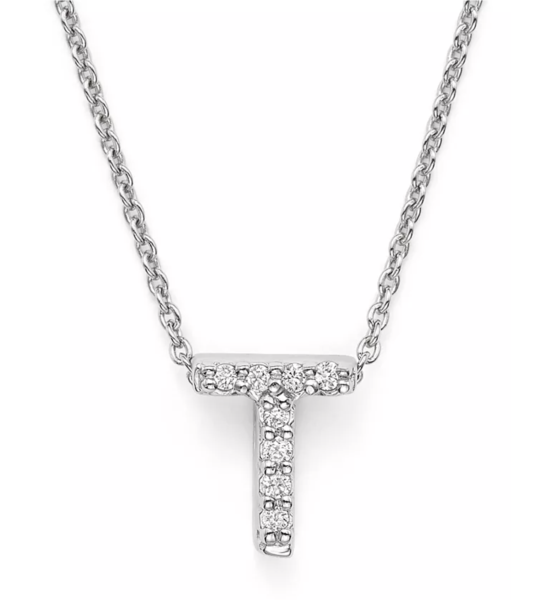 Closeup photo of 18K WG Love Letter 'T' Pendant Necklace with Diamonds
