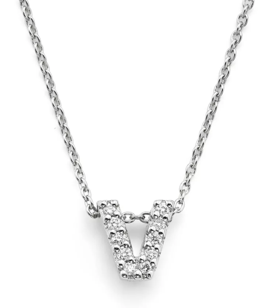 Closeup photo of 18K WG Love Letter 'V' Pendant Necklace with Diamonds