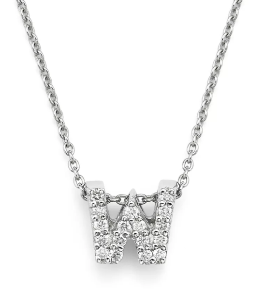 Closeup photo of 18K WG Love Letter 'W' Pendant Necklace with Diamonds