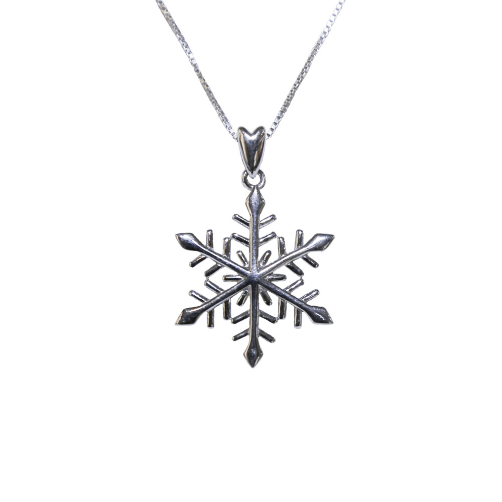 1 & 1/2" inch in length including bail.<div>Sterling silver snowflake pendant, 16" sterling silver chain is included.</div> Snowflake Breckenridge 6 Point 1” SS Pendant