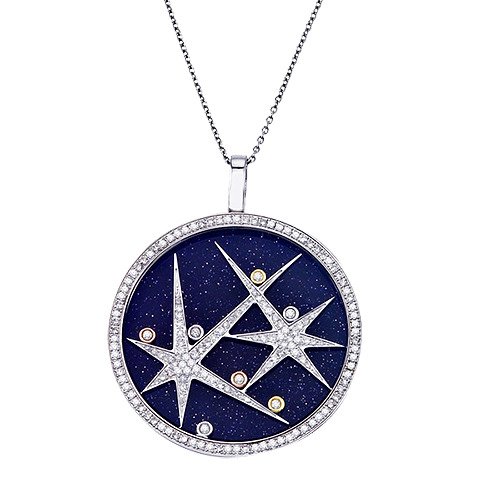 This sparkly pendant necklace hangs at 18". The diamonds next to the large stars move when shaken. Moving Diamond Sandstone necklace
